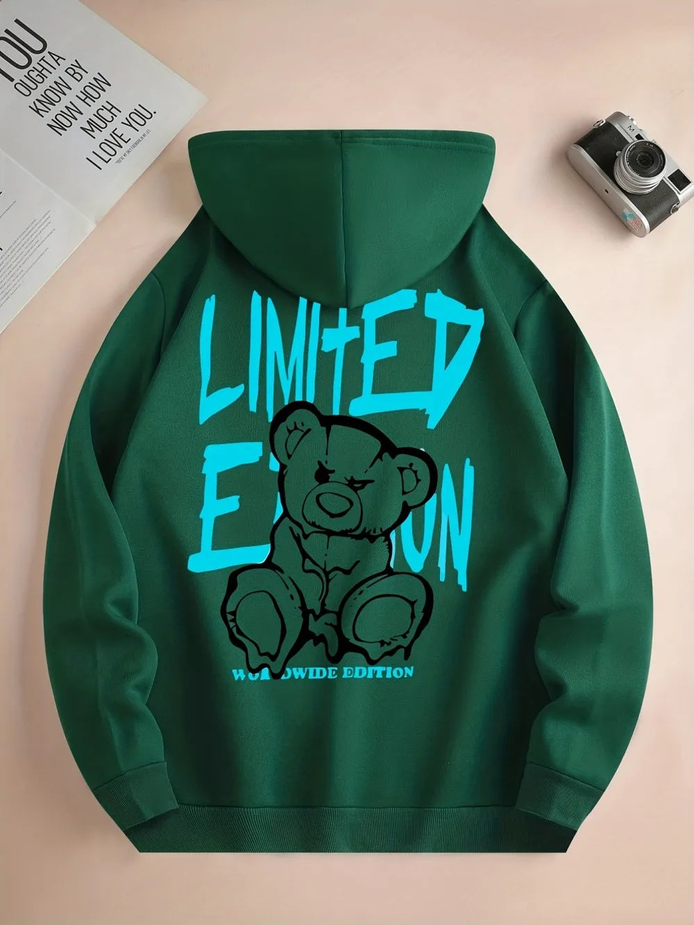 Fashionable European and American men's autumn teddy bear letter print soft and comfortable hooded sweatshirt outdoor high stree