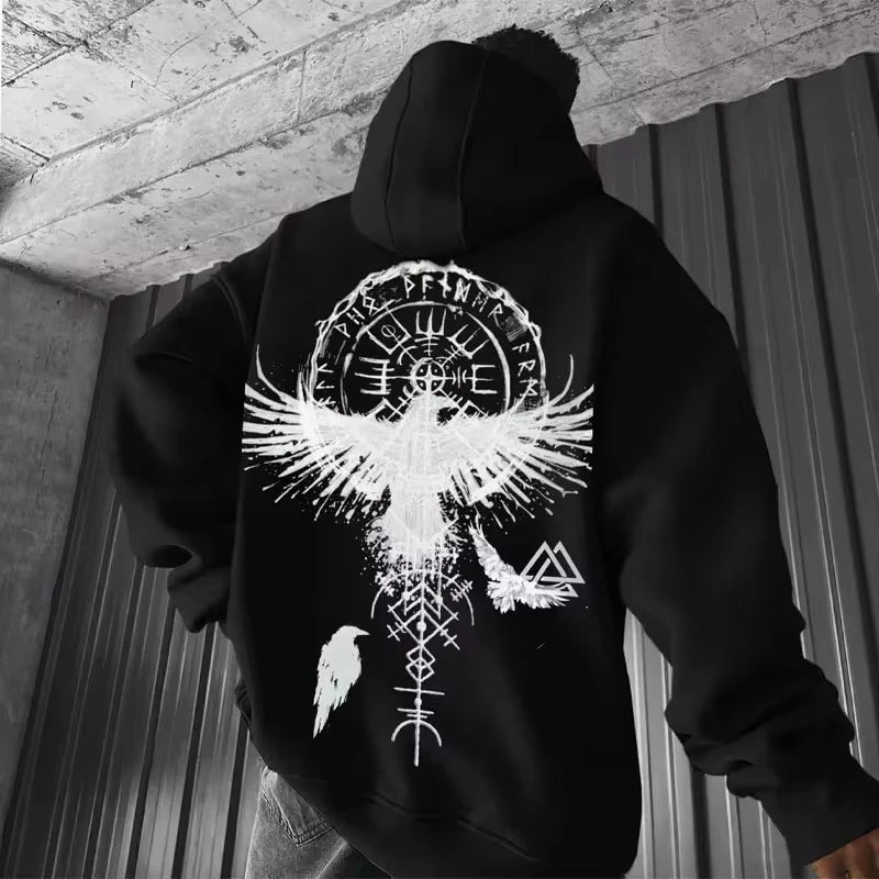 SAINTEND “Viking Raven Sigil” Hoodie – White Oversized Norse Mythology Streetwear