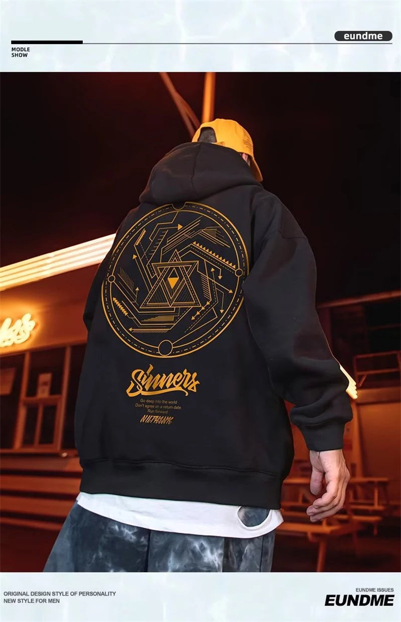 SAINTEND “Golden Sinners Mandala” Hoodie – Black Oversized Geometric Streetwear