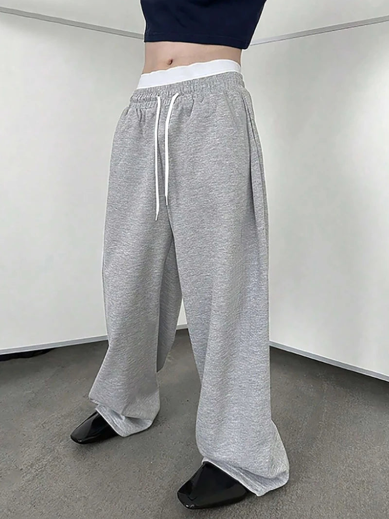 SAINTEND Double-Waist Oversized Sweatpants – Grey Wide-Leg Streetwear Pants