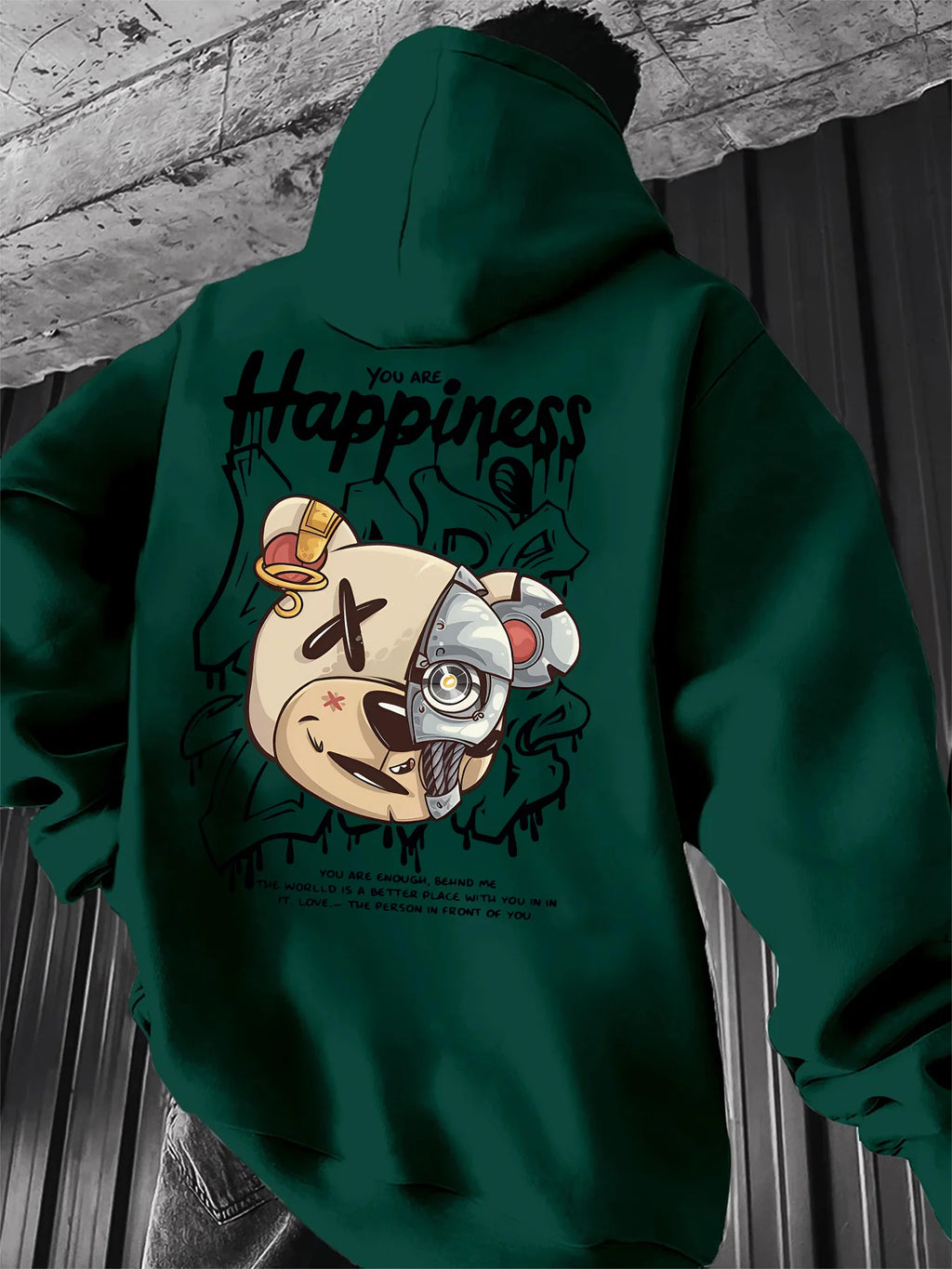 SAINTEND “You Are Happiness” Teddy Hoodie – Green Oversized Graphic Streetwear