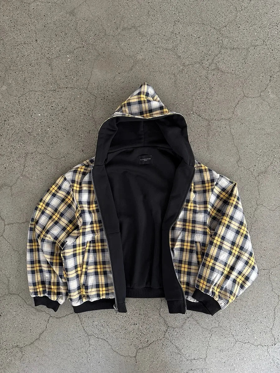 SAINTEND “Plaid Splice Hybrid” Hoodie – White Oversized Patchwork Streetwear