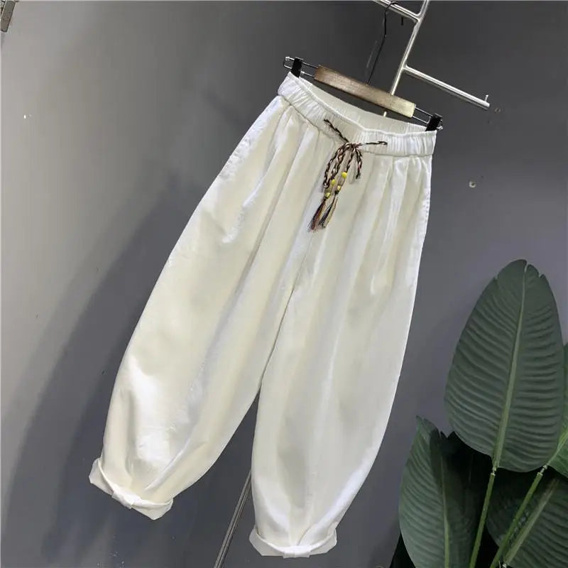 SAINTEND Natural Flow Pants – Light Beige Relaxed Fit Drawstring Trousers