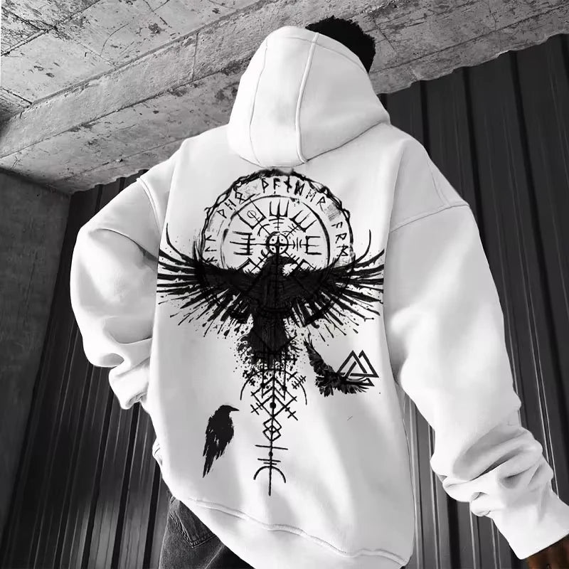 SAINTEND “Viking Raven Sigil” Hoodie – White Oversized Norse Mythology Streetwear