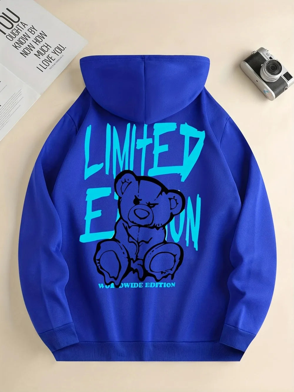 Fashionable European and American men's autumn teddy bear letter print soft and comfortable hooded sweatshirt outdoor high stree