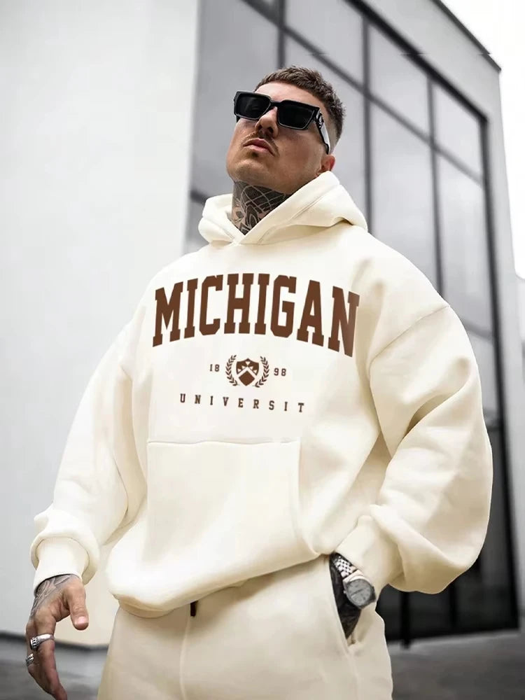 SAINTEND “Michigan University” Hoodie – White Oversized Collegiate Streetwear