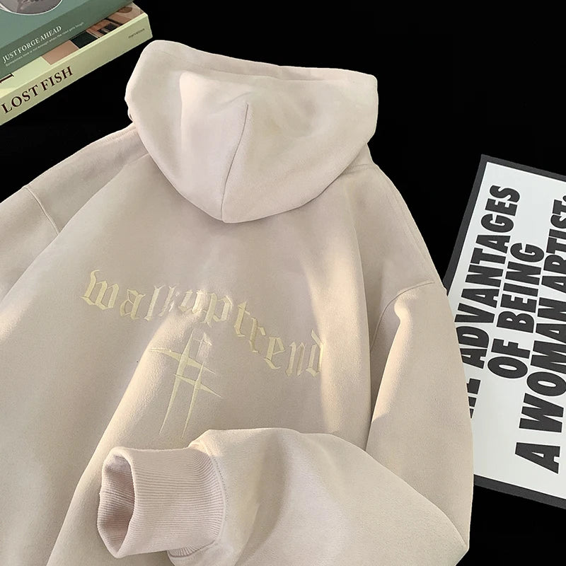 SAINTEND “Minimal Embroidery” Hoodie – Premium Soft-Touch Oversized Hoodie (Beige / Blue)