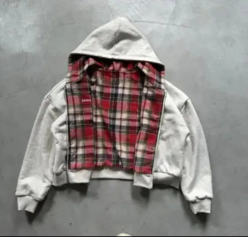 SAINTEND “Plaid Splice Hybrid” Hoodie – White Oversized Patchwork Streetwear