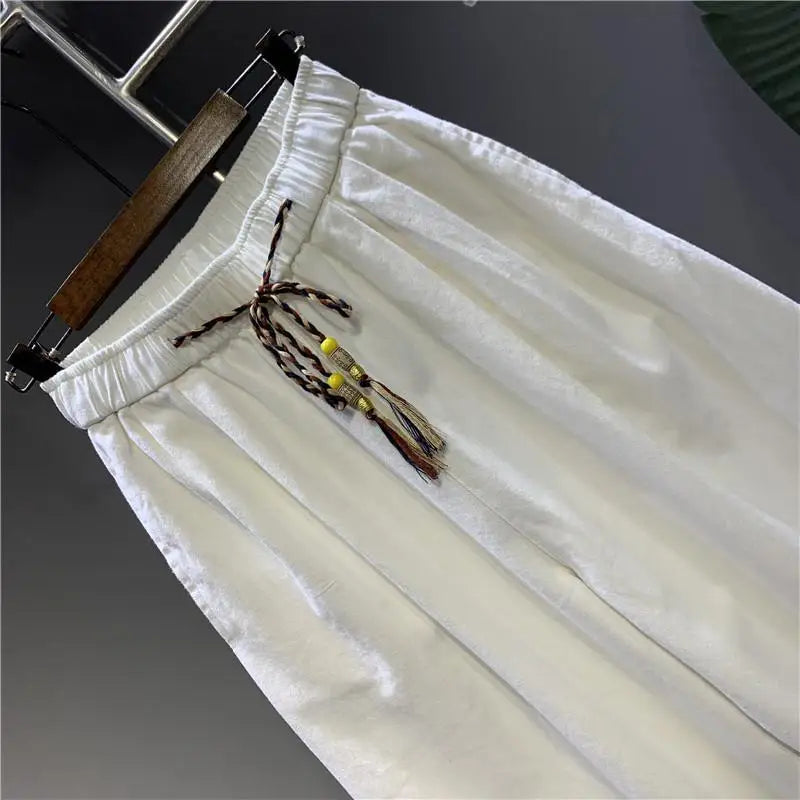 SAINTEND Natural Flow Pants – Light Beige Relaxed Fit Drawstring Trousers