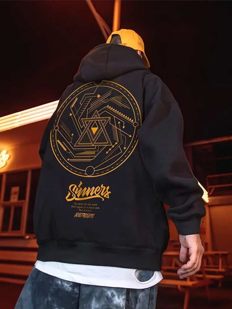 SAINTEND “Golden Sinners Mandala” Hoodie – Black Oversized Geometric Streetwear