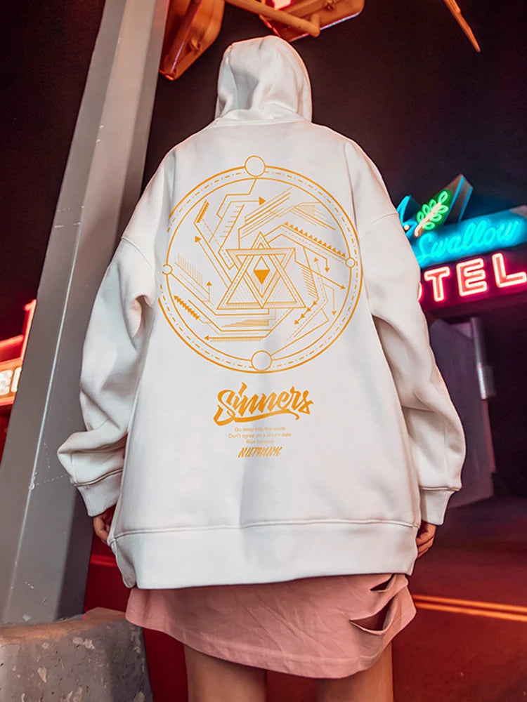 Irregular Graphic Print Male Hoodies Fashion Loose Clothing Fleece High Street Hooded Sweatshirt Oversized Pollover Y2K Hoodie