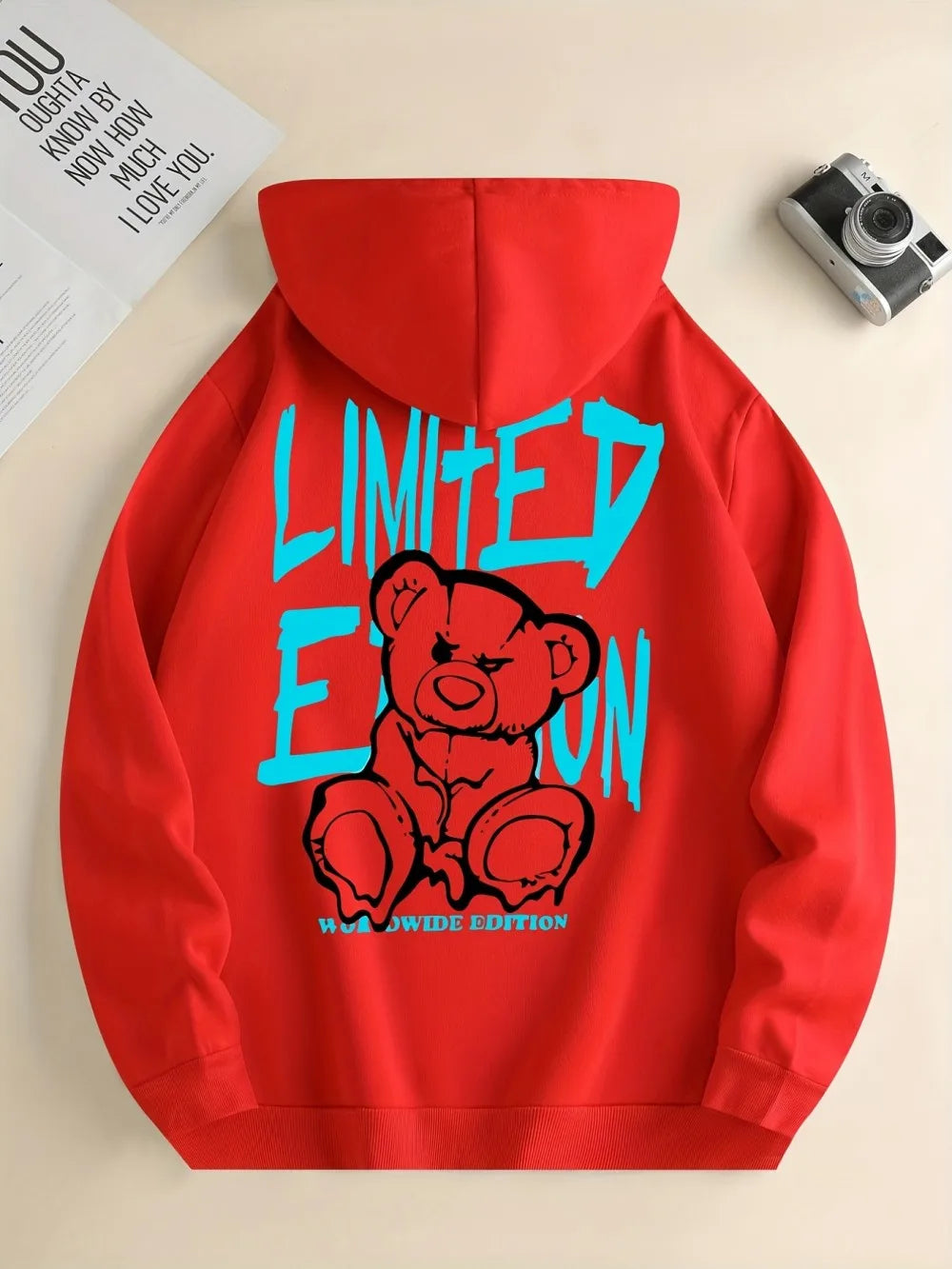 Fashionable European and American men's autumn teddy bear letter print soft and comfortable hooded sweatshirt outdoor high stree