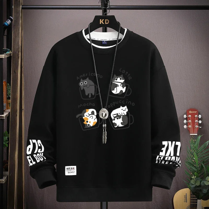 Men's Sweatshirt Streetwear Cat Coffee Printed Long Sleeve T-shirt Fashion Men's Clothing Casual Crew Neck Harajuku Top 2024 New