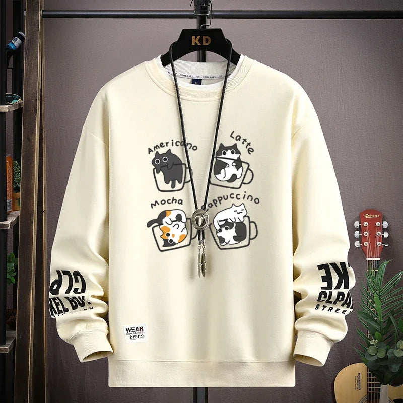 Men's Sweatshirt Streetwear Cat Coffee Printed Long Sleeve T-shirt Fashion Men's Clothing Casual Crew Neck Harajuku Top 2024 New