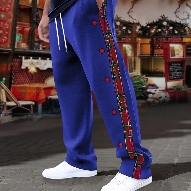 SAINTEND Tartan Snap-Button Sweatpants – Blue Oversized Streetwear Pants