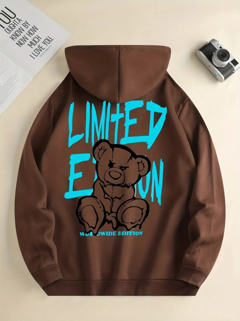 Fashionable European and American men's autumn teddy bear letter print soft and comfortable hooded sweatshirt outdoor high stree