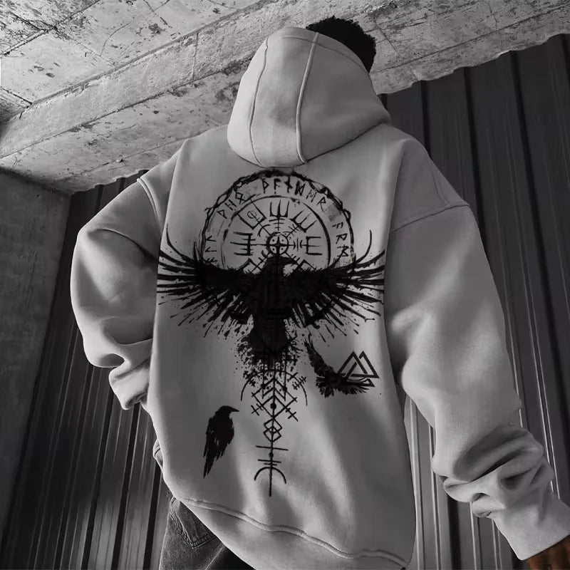 SAINTEND “Viking Raven Sigil” Hoodie – White Oversized Norse Mythology Streetwear