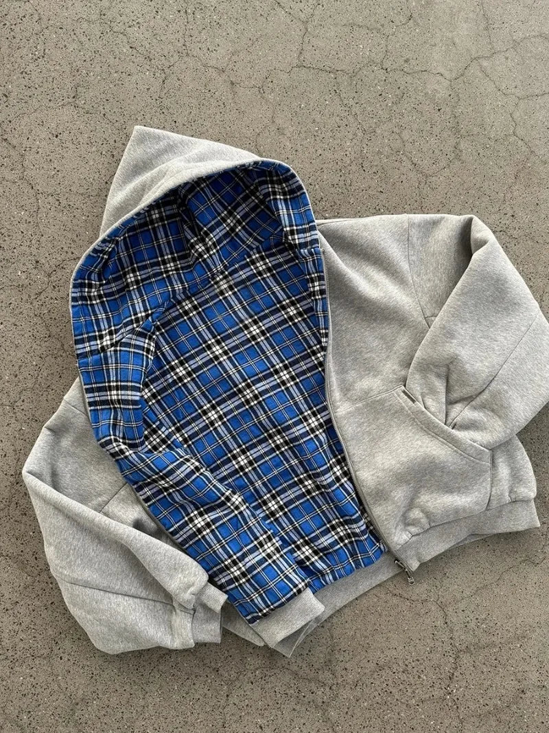 SAINTEND “Plaid Splice Hybrid” Hoodie – White Oversized Patchwork Streetwear