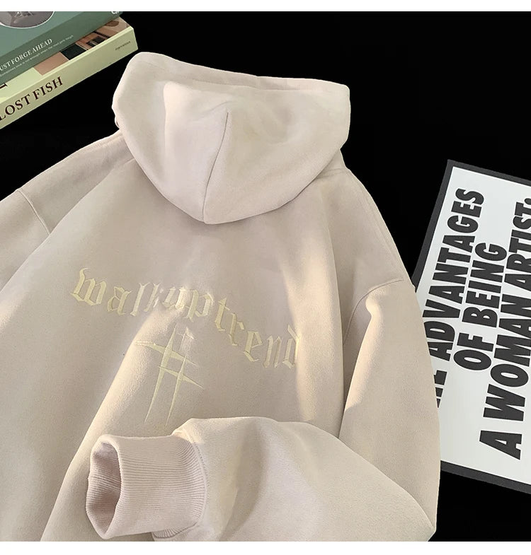 SAINTEND “Minimal Embroidery” Hoodie – Premium Soft-Touch Oversized Hoodie (Beige / Blue)