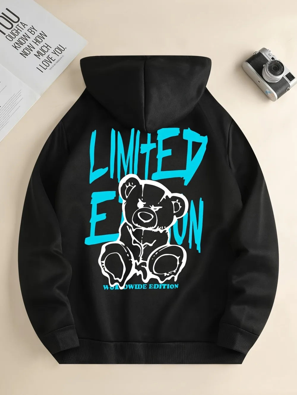 Fashionable European and American men's autumn teddy bear letter print soft and comfortable hooded sweatshirt outdoor high stree