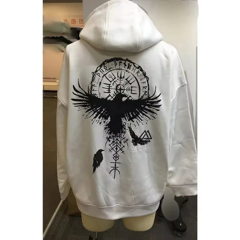 SAINTEND “Viking Raven Sigil” Hoodie – White Oversized Norse Mythology Streetwear