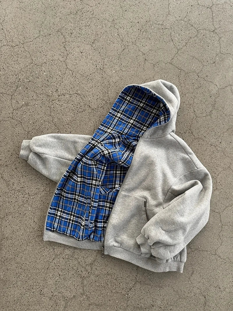 SAINTEND “Plaid Splice Hybrid” Hoodie – White Oversized Patchwork Streetwear