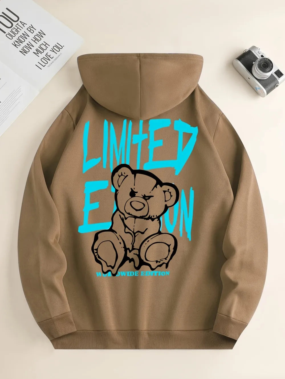 Fashionable European and American men's autumn teddy bear letter print soft and comfortable hooded sweatshirt outdoor high stree