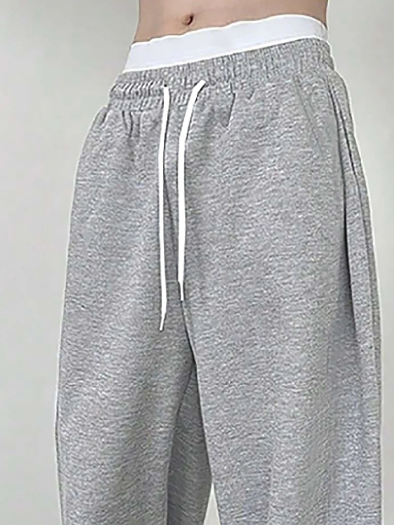 SAINTEND Double-Waist Oversized Sweatpants – Grey Wide-Leg Streetwear Pants