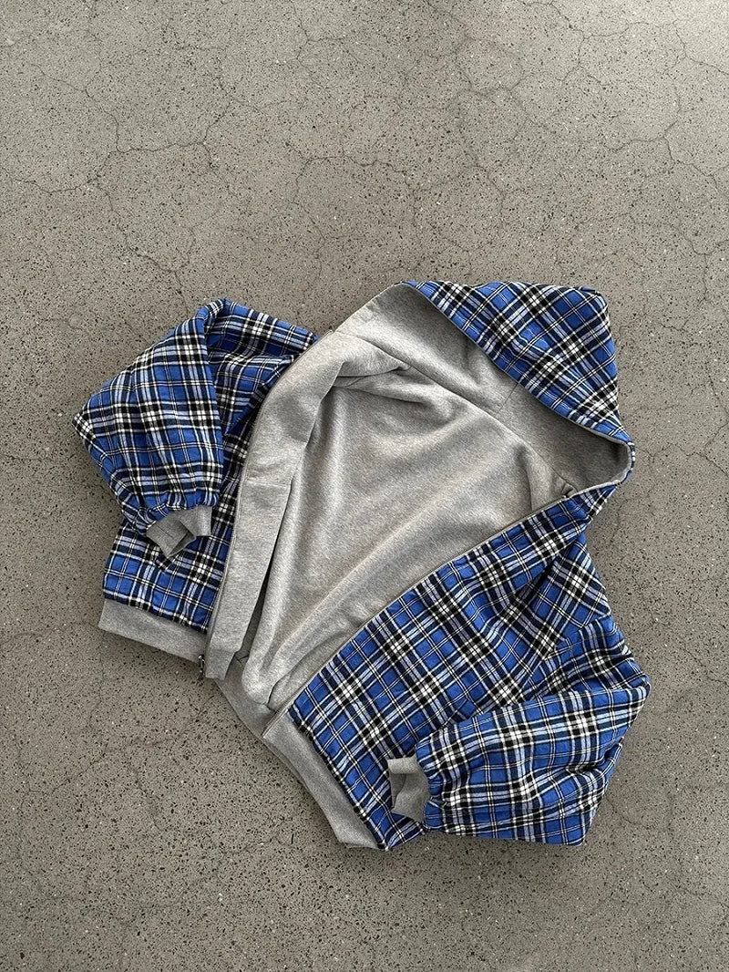 SAINTEND “Plaid Splice Hybrid” Hoodie – White Oversized Patchwork Streetwear