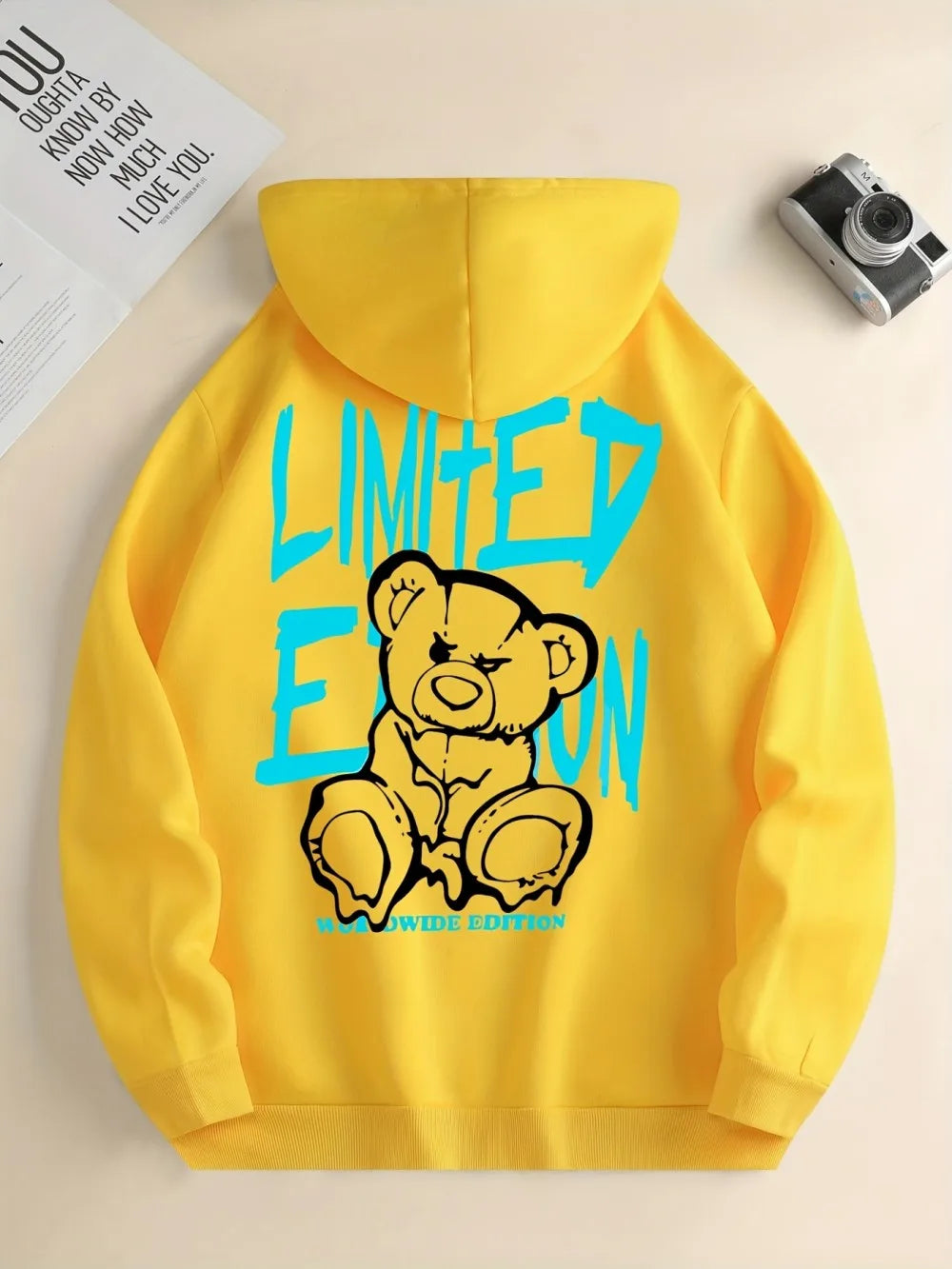 Fashionable European and American men's autumn teddy bear letter print soft and comfortable hooded sweatshirt outdoor high stree